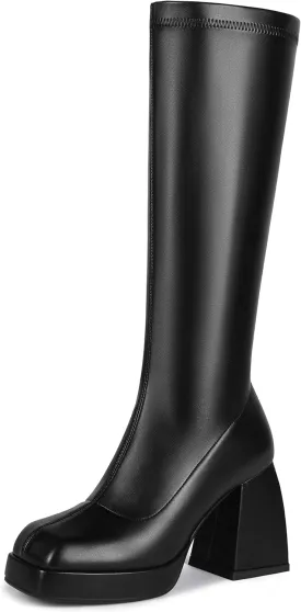 DOBOYG Knee High Boots Women Platform Chunky Block Heel Stretchy Square Toe Tall Patent Leather Long Boots