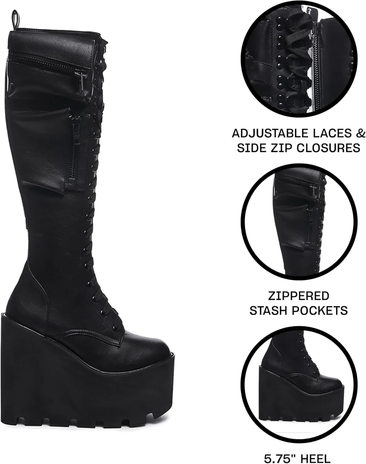 Dolls Kill Obsidian Pocket Platform Boots by Current Mood  Vegan Leather Knee High Boots for Grunge Fashion