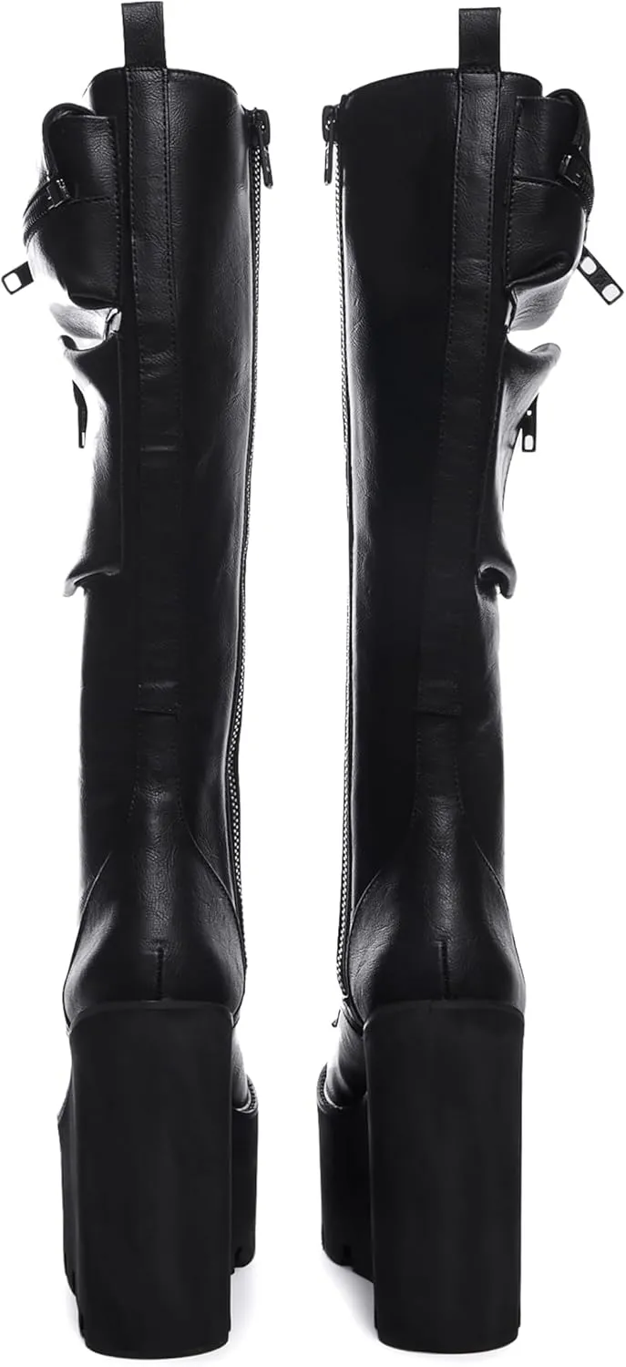 Dolls Kill Obsidian Pocket Platform Boots by Current Mood  Vegan Leather Knee High Boots for Grunge Fashion