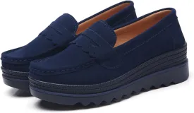 EnllerviiD Women's Platform Loafers Slip-On Comfortable Suede Moccasins Wedge Penny Loafers Thick Soft Platform Lightweight Casual Business Work Shoes