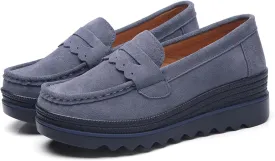 EnllerviiD Women's Platform Loafers Slip-On Comfortable Suede Moccasins Wedge Penny Loafers Thick Soft Platform Lightweight Casual Business Work Shoes