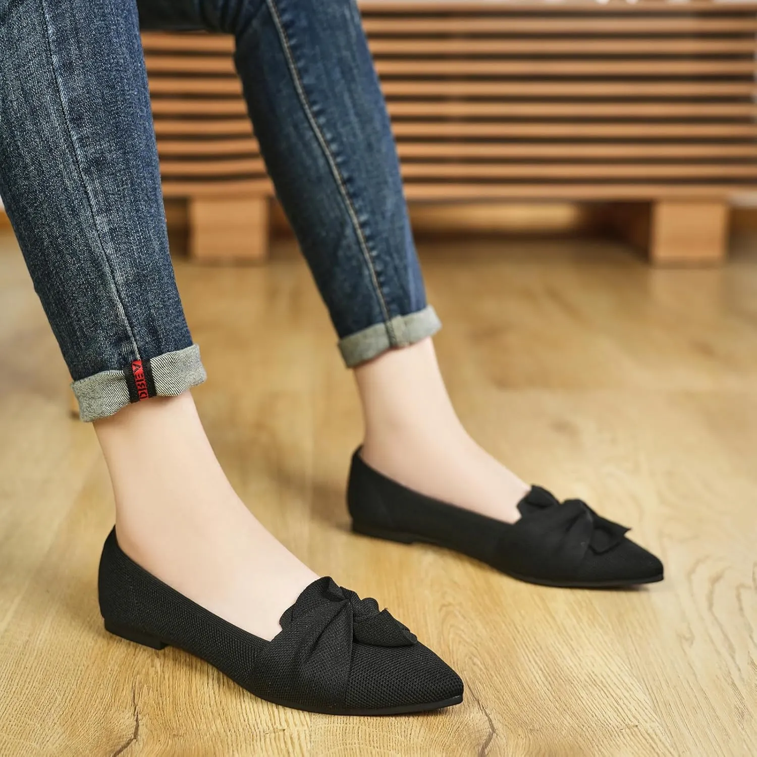 Flats for Womens Pointed Toe Ballet Flats with Bow Comfortable Knit Dressy Flats