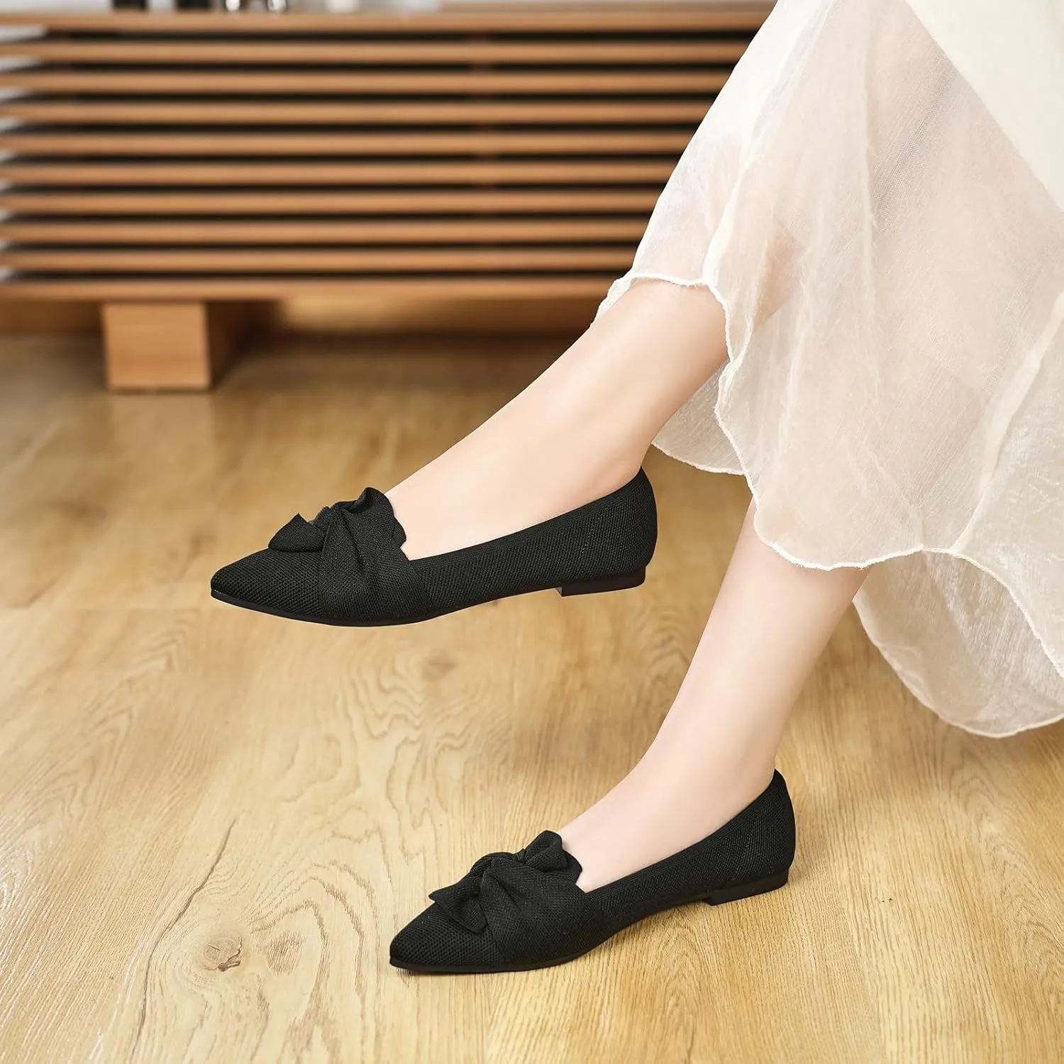Flats for Womens Pointed Toe Ballet Flats with Bow Comfortable Knit Dressy Flats