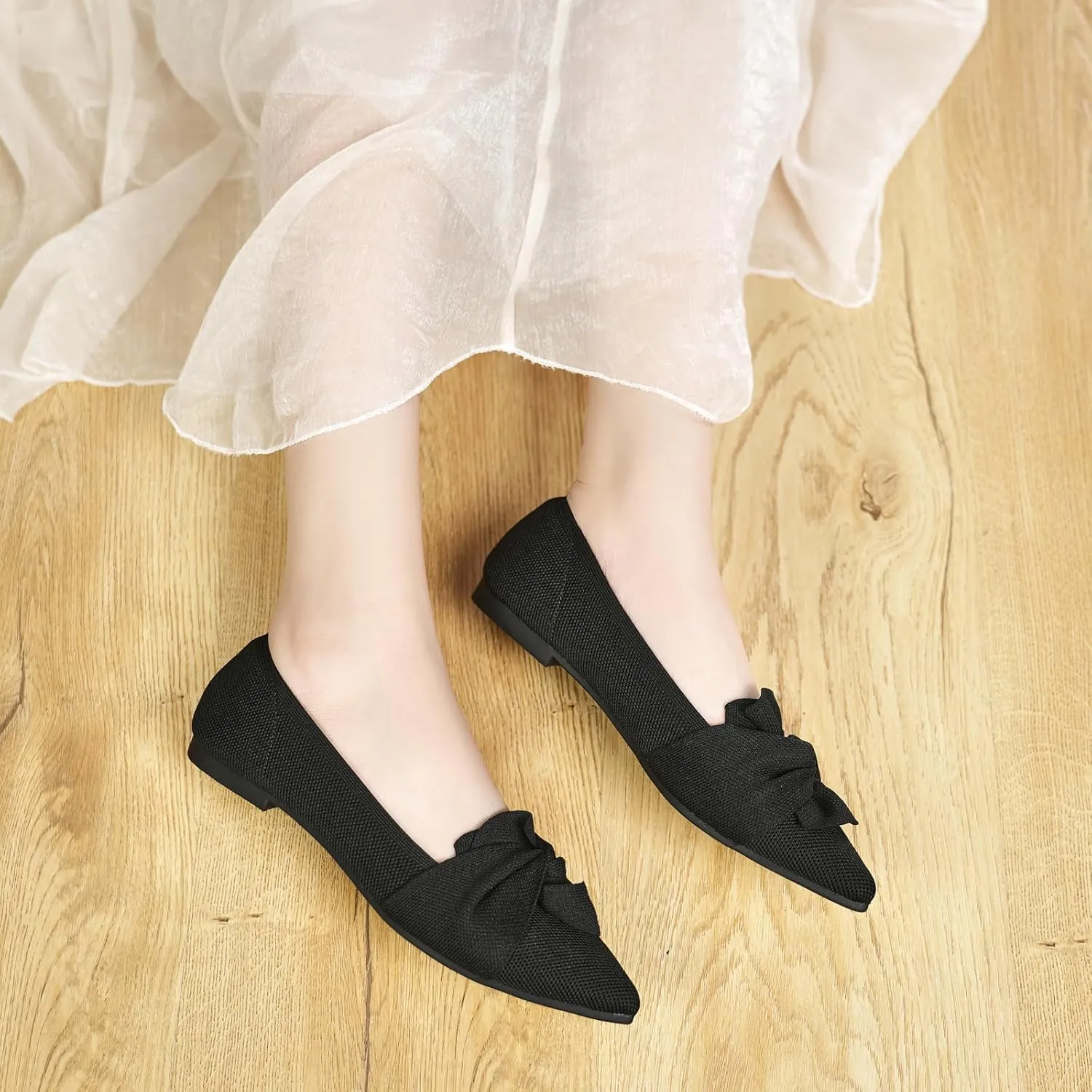 Flats for Womens Pointed Toe Ballet Flats with Bow Comfortable Knit Dressy Flats