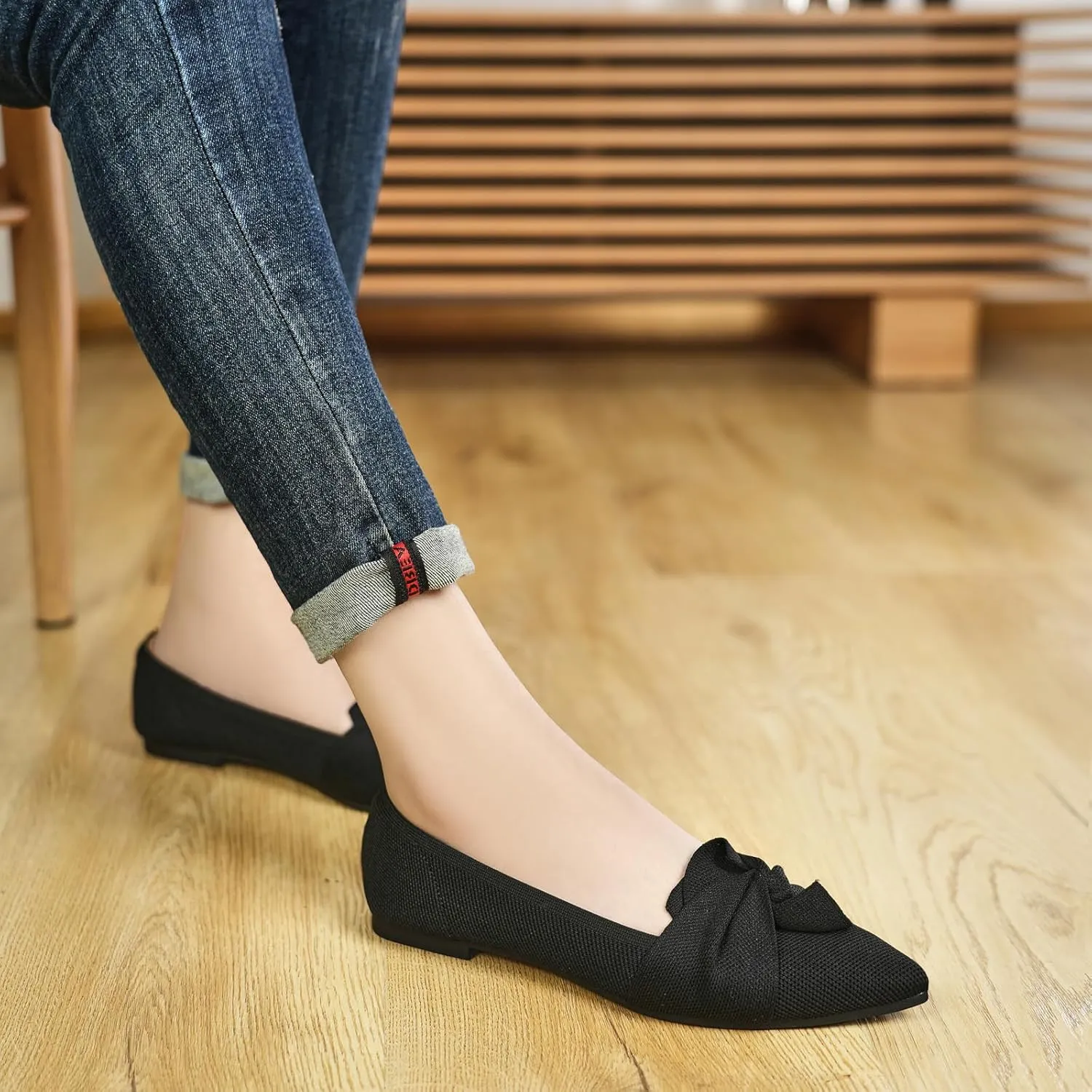 Flats for Womens Pointed Toe Ballet Flats with Bow Comfortable Knit Dressy Flats