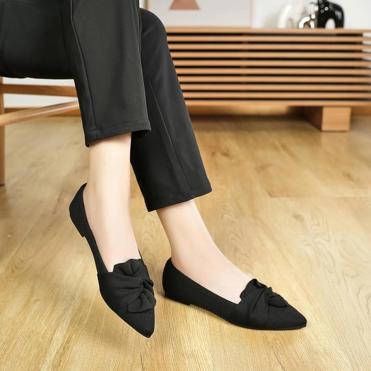Flats for Womens Pointed Toe Ballet Flats with Bow Comfortable Knit Dressy Flats