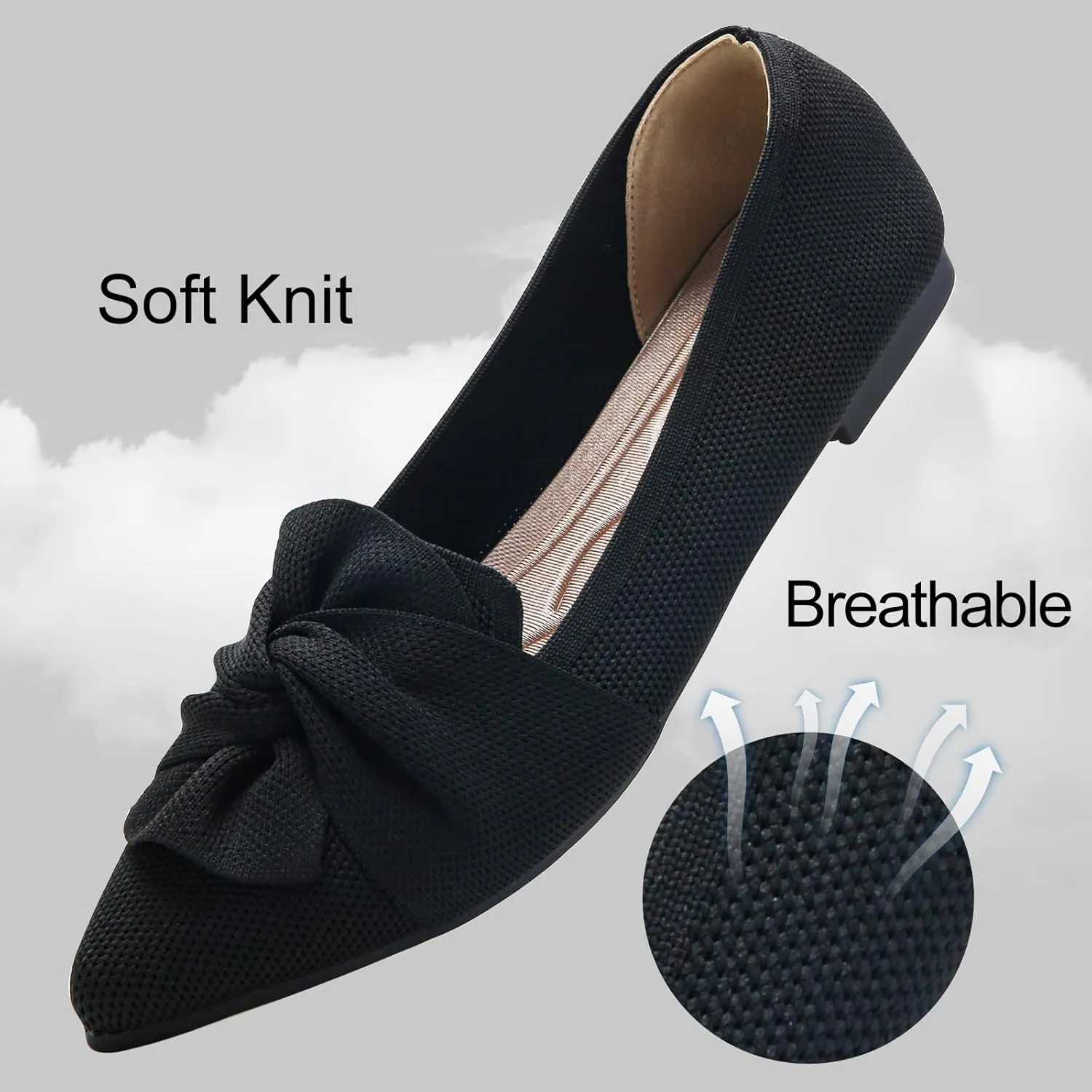 Flats for Womens Pointed Toe Ballet Flats with Bow Comfortable Knit Dressy Flats