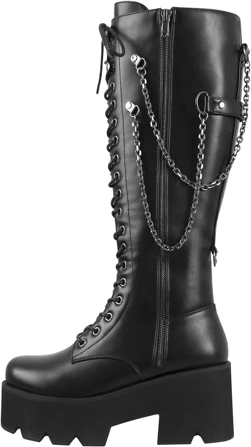 LISHAN Women's Platform Boots Motorcycle Punk Combat Gothic Lace Up Zipper Knee High Black Boots