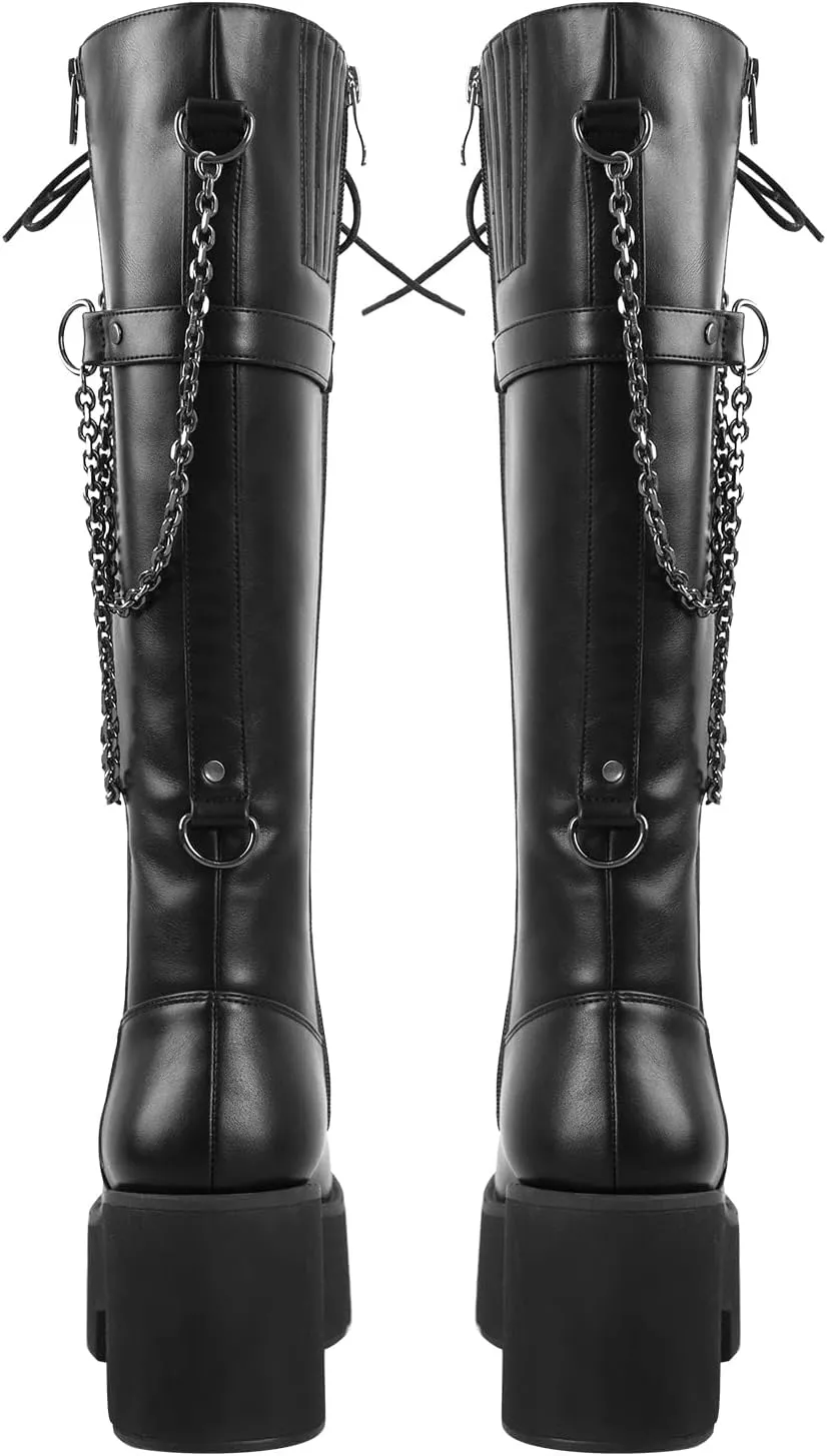 LISHAN Women's Platform Boots Motorcycle Punk Combat Gothic Lace Up Zipper Knee High Black Boots
