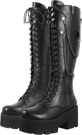 LISHAN Women's Platform Boots Motorcycle Punk Combat Gothic Lace Up Zipper Knee High Black Boots