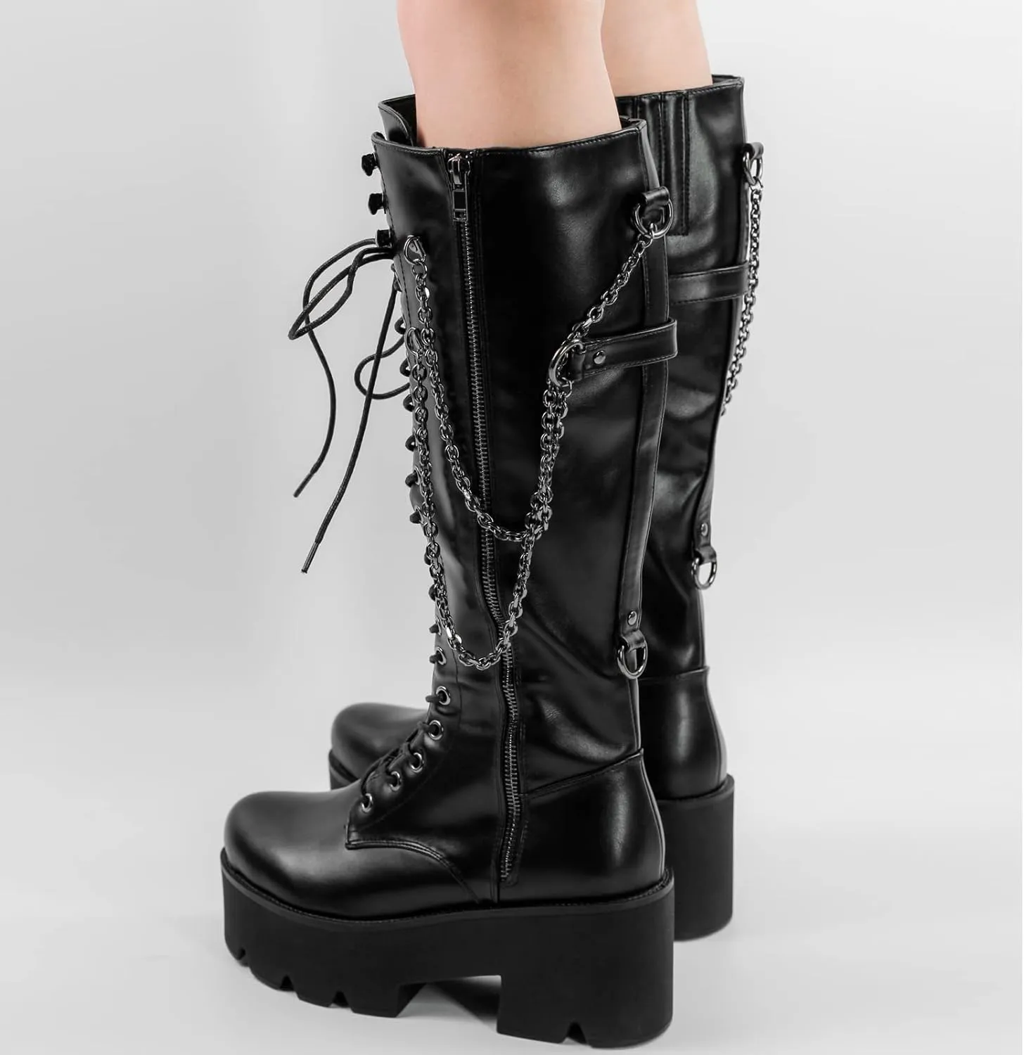 LISHAN Women's Platform Boots Motorcycle Punk Combat Gothic Lace Up Zipper Knee High Black Boots