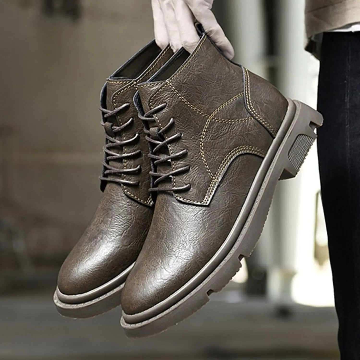 Men's Invisible Height Increasing Elevator Shoes 2.36" Ankle Boots Chunky Business Dress Boots Lace up Mid-Top Casual Retro Stylish Boots