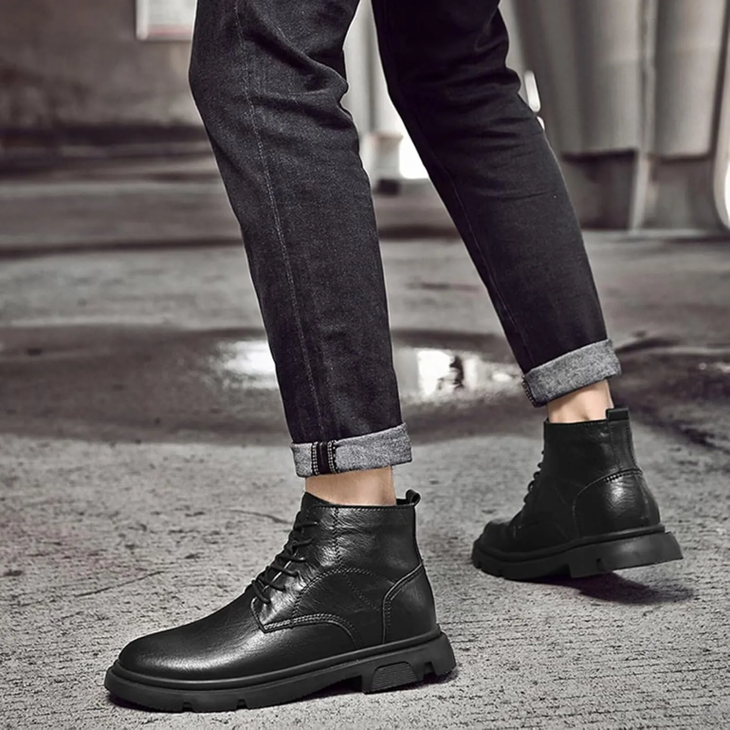 Men's Invisible Height Increasing Elevator Shoes 2.36" Ankle Boots Chunky Business Dress Boots Lace up Mid-Top Casual Retro Stylish Boots