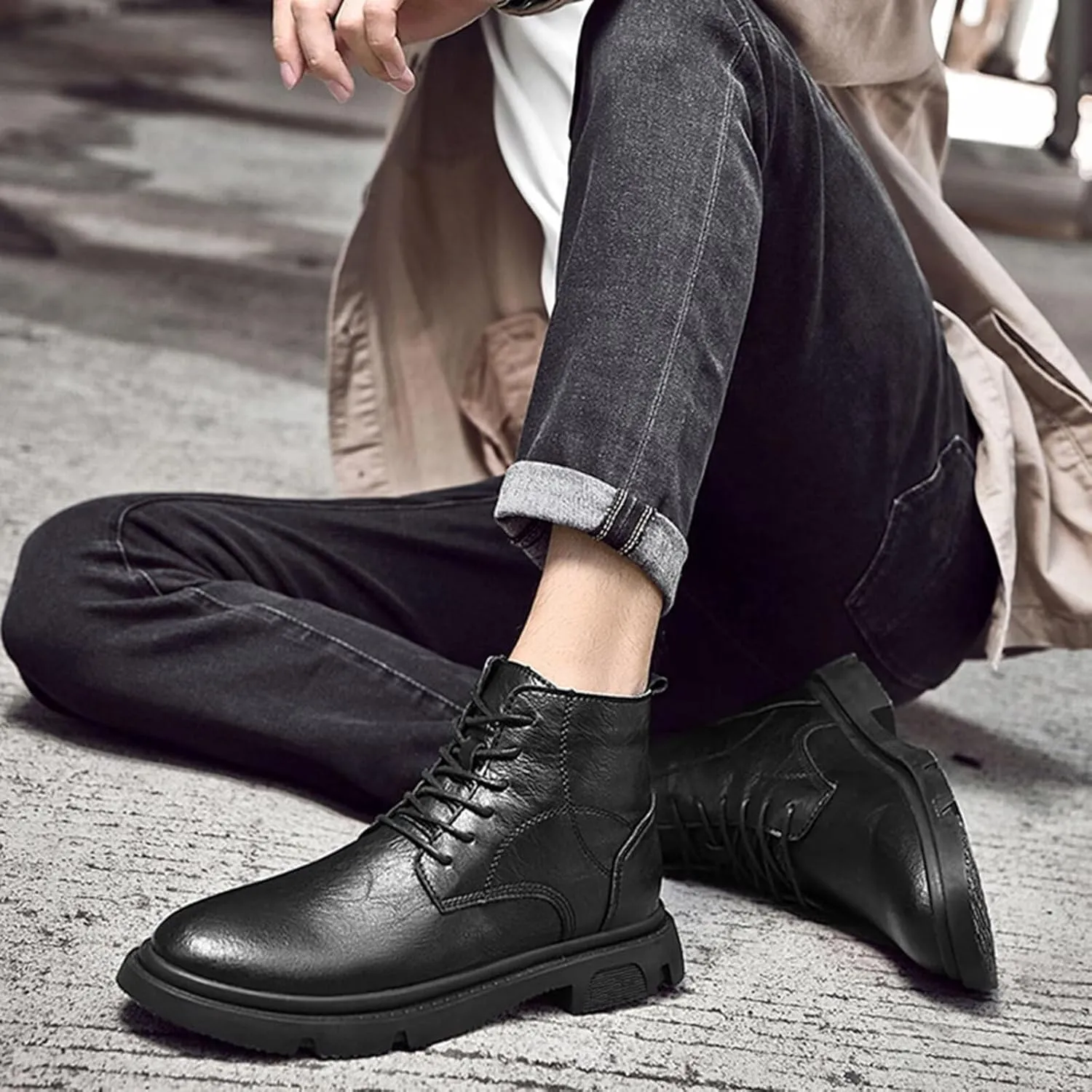 Men's Invisible Height Increasing Elevator Shoes 2.36" Ankle Boots Chunky Business Dress Boots Lace up Mid-Top Casual Retro Stylish Boots