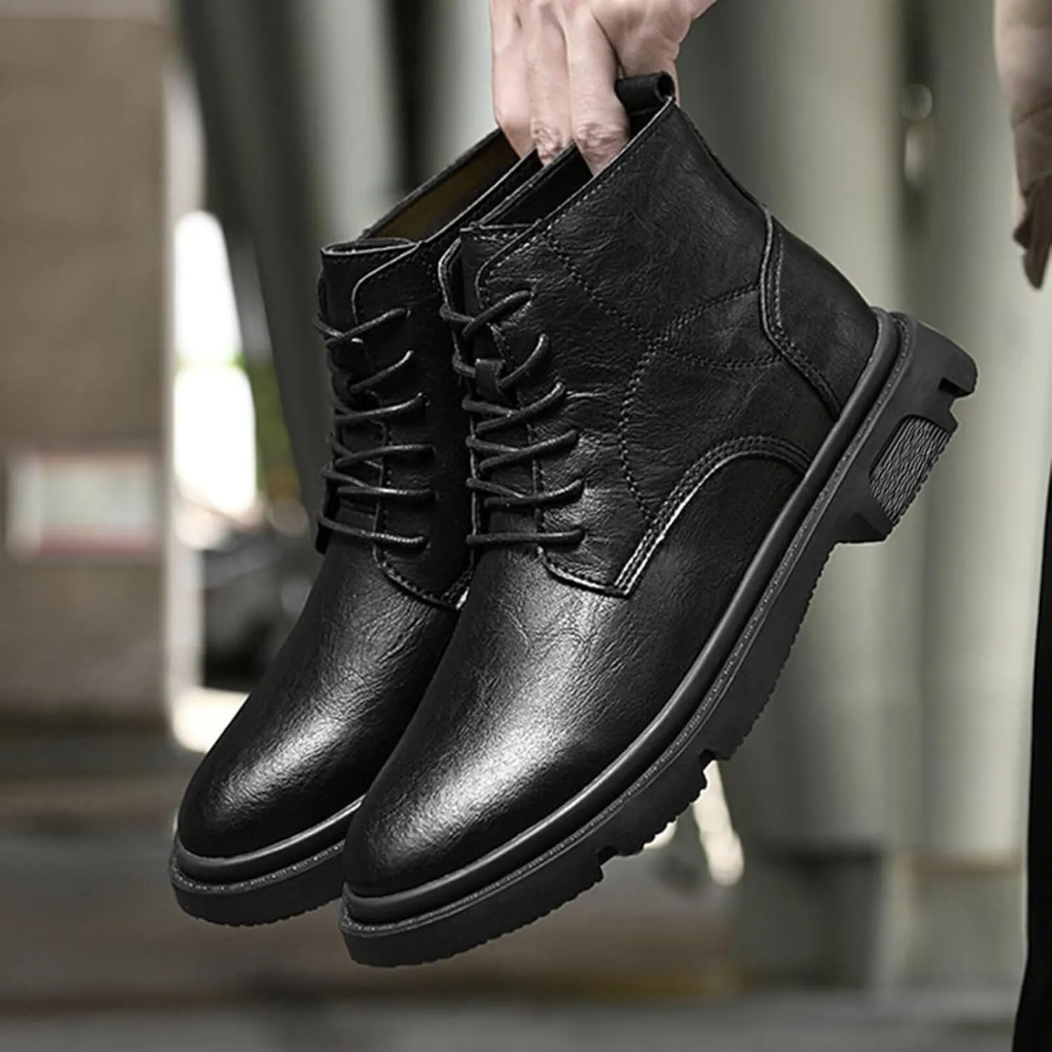 Men's Invisible Height Increasing Elevator Shoes 2.36" Ankle Boots Chunky Business Dress Boots Lace up Mid-Top Casual Retro Stylish Boots
