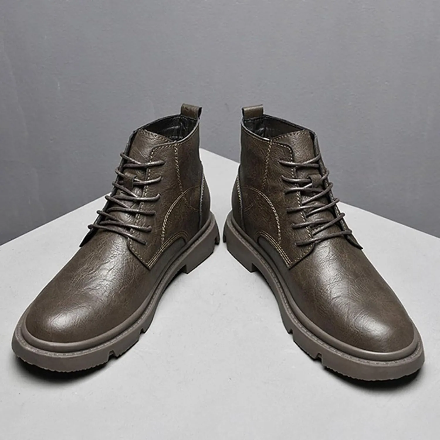 Men's Invisible Height Increasing Elevator Shoes 2.36" Ankle Boots Chunky Business Dress Boots Lace up Mid-Top Casual Retro Stylish Boots