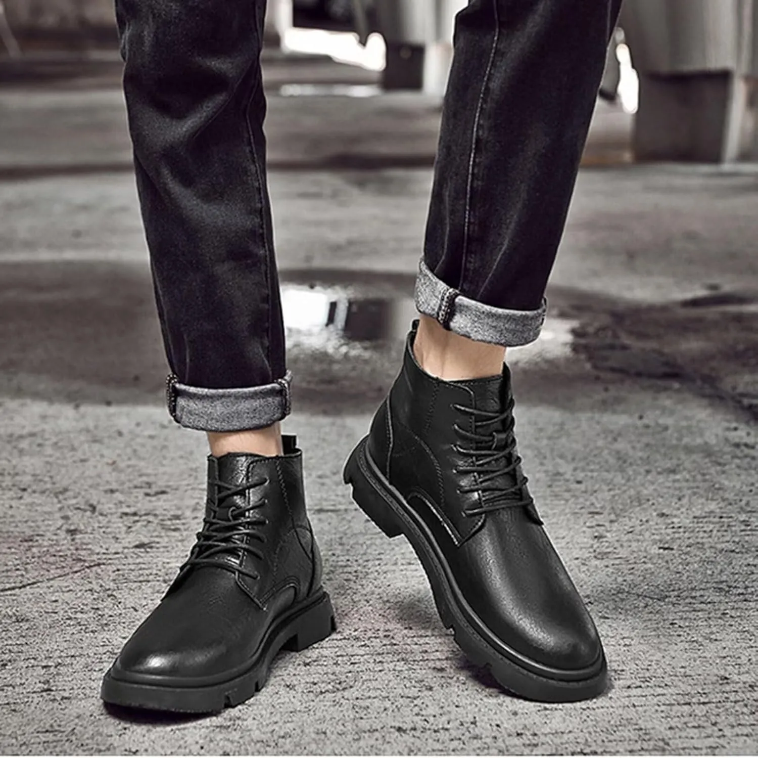 Men's Invisible Height Increasing Elevator Shoes 2.36" Ankle Boots Chunky Business Dress Boots Lace up Mid-Top Casual Retro Stylish Boots
