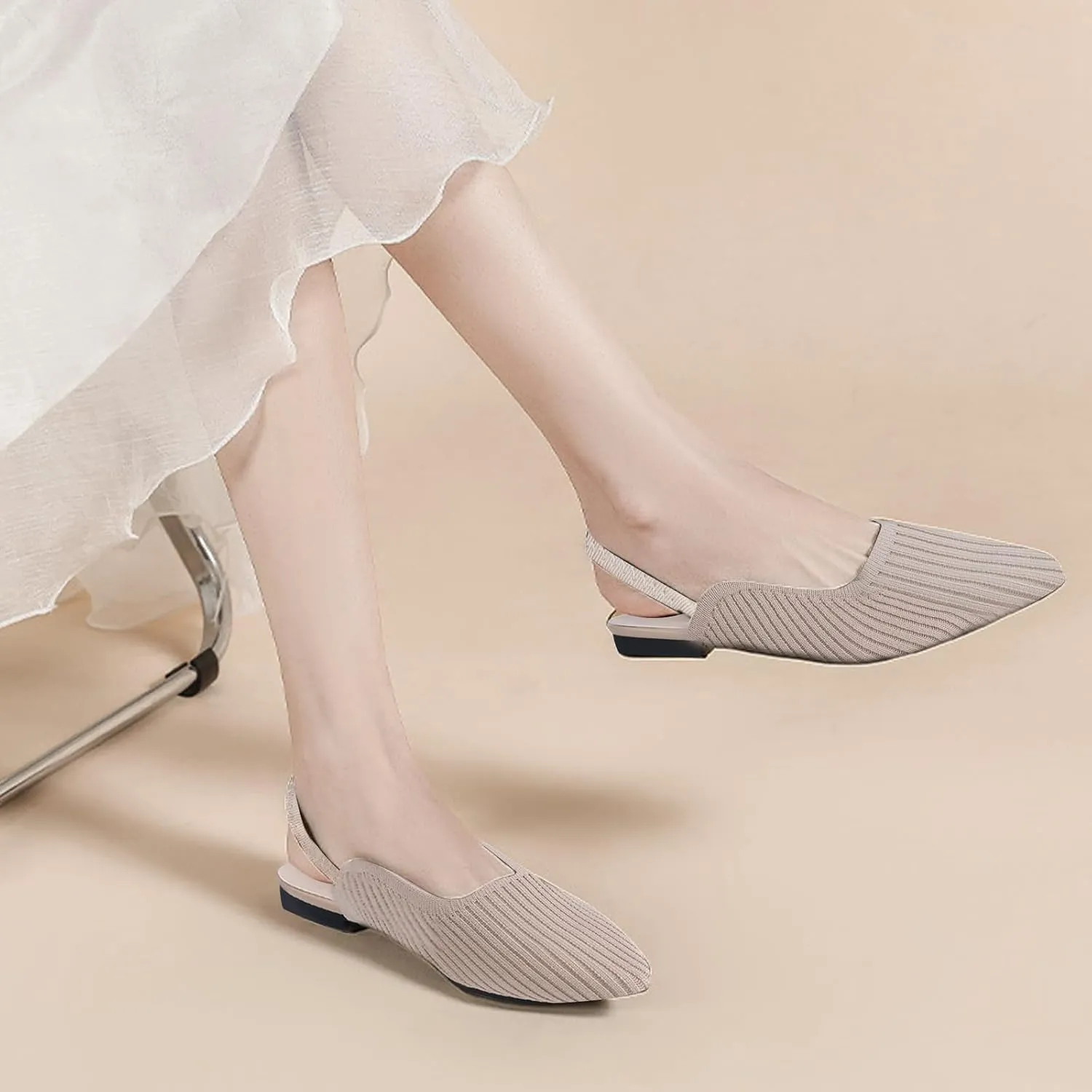 Slingback Flats for Women Pointed Toe Flats Breathable Knit Comfortable Dressy Casual for Work Office Slip on Ballet Flats