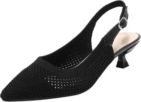Slingback for Women's Closed Pointed Toe Kitten Heels with Ankle Strap Knitted Dress Pumps Shoes Work Wedding Everyday Parties 1.6 in Low Heels