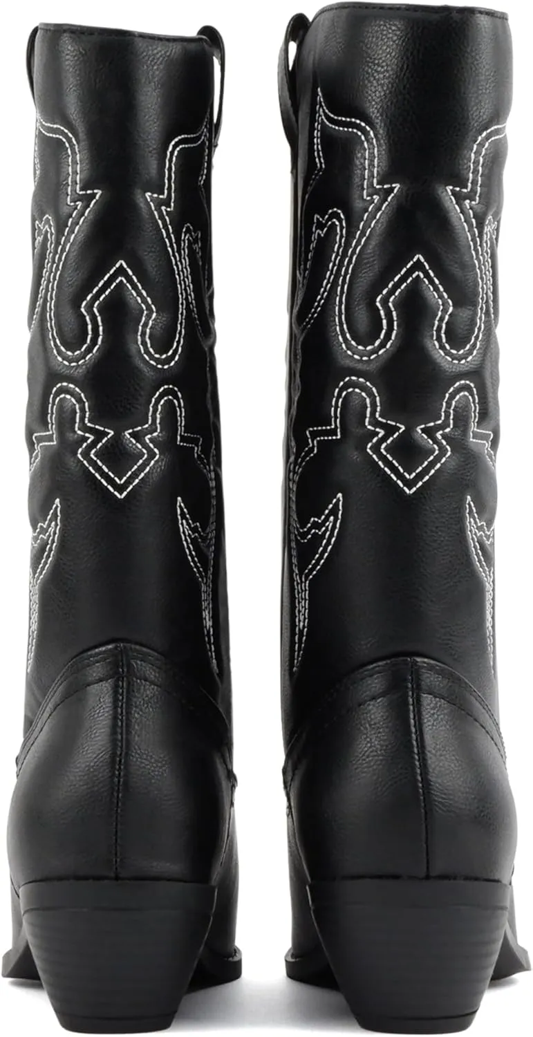 Soda TELLER ~ Women's Western Cowboy Boots with Stitched Detailing, Pointed Toe, and Low Block Heel