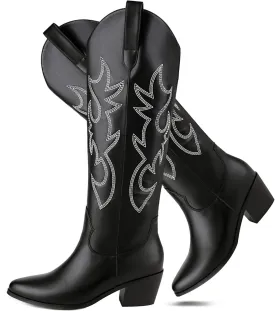 STALOV Cowboy Boots for Women,Western Pointed Toe Chunky Heel Pull-On Knee High Cowgirl Boots Fashion Embroidered Tall