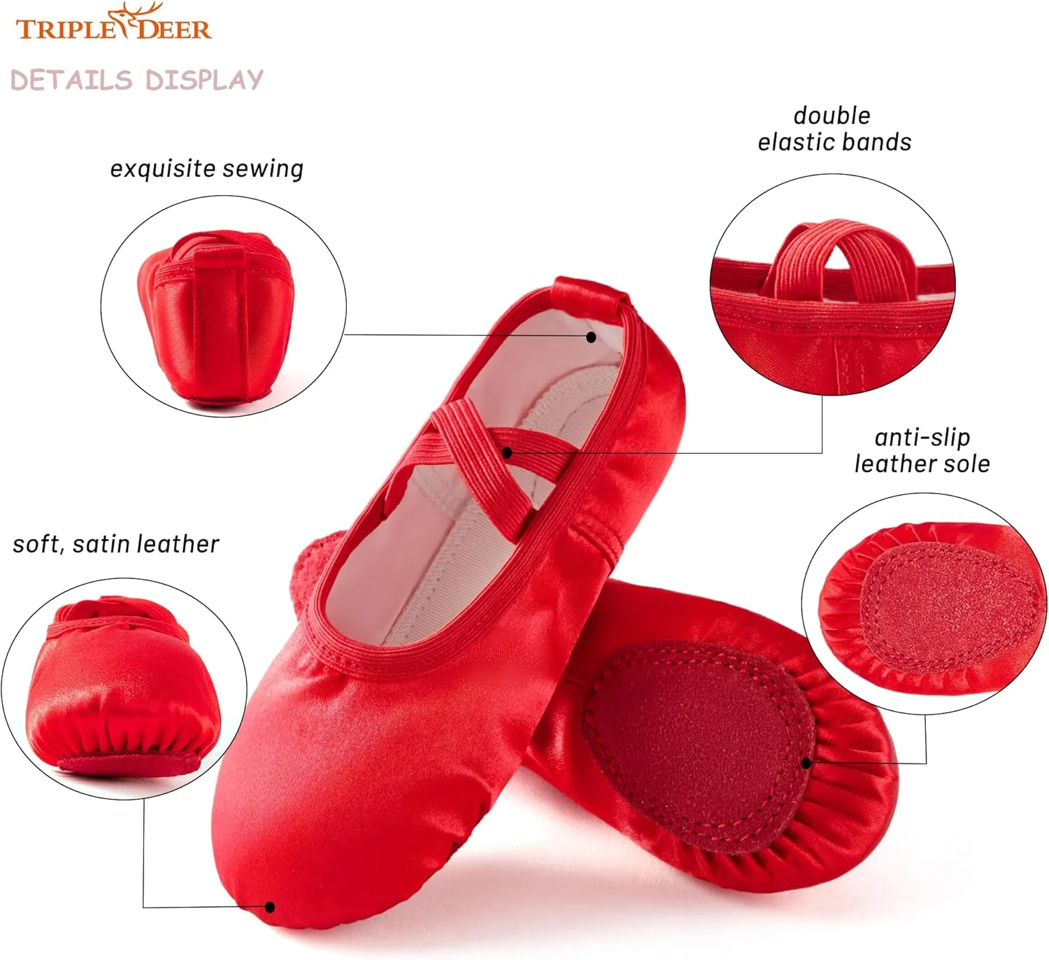 TRIPLE DEER Ballet Shoes for Girls, Satin Dance Practice Slippers Split Soft Leather Flat Sole Yoga Gymnastics Shoes (Toddler/Little/Big Kid)