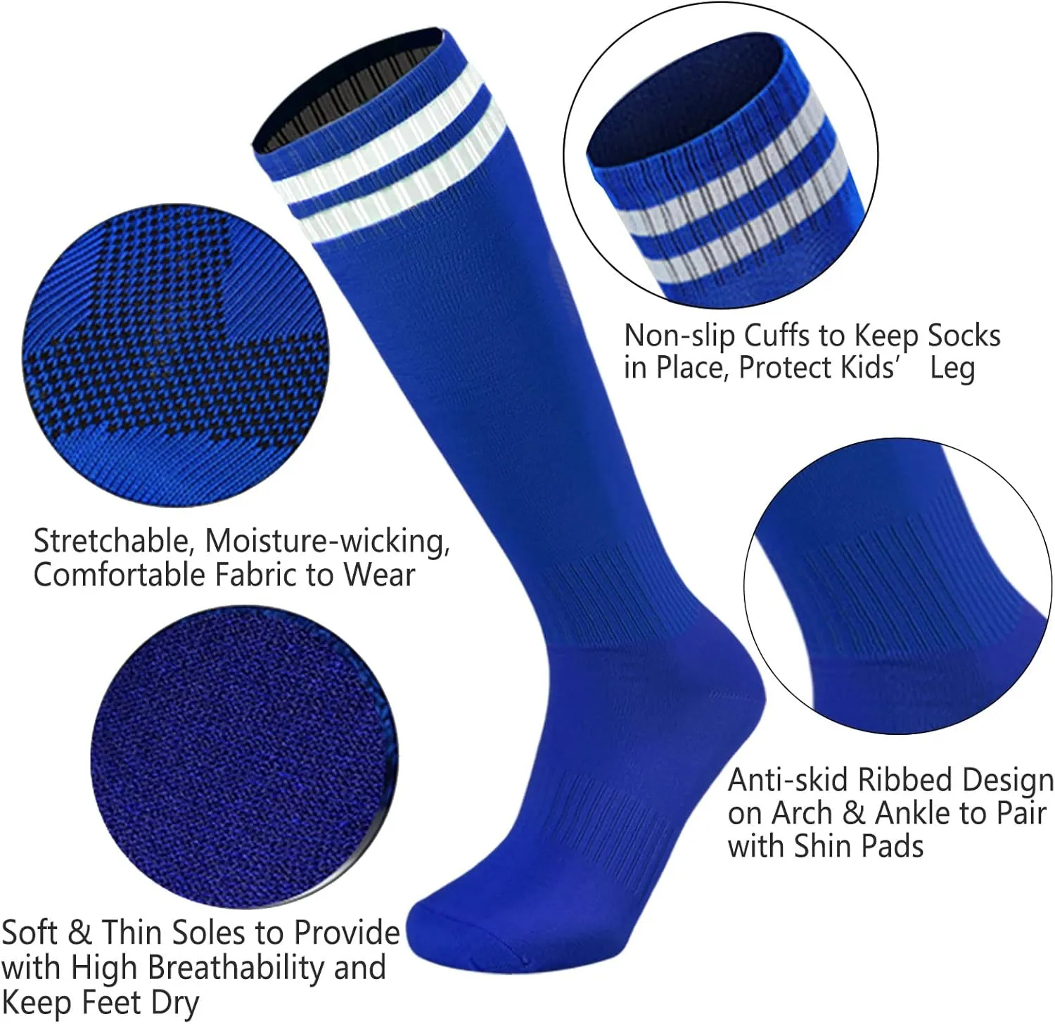 Ultrafun 6 Pairs Kids Youth Soccer Socks Solid Striped Knee High Tube Football Sports Socks for Boys Girls 6-12 Years Old