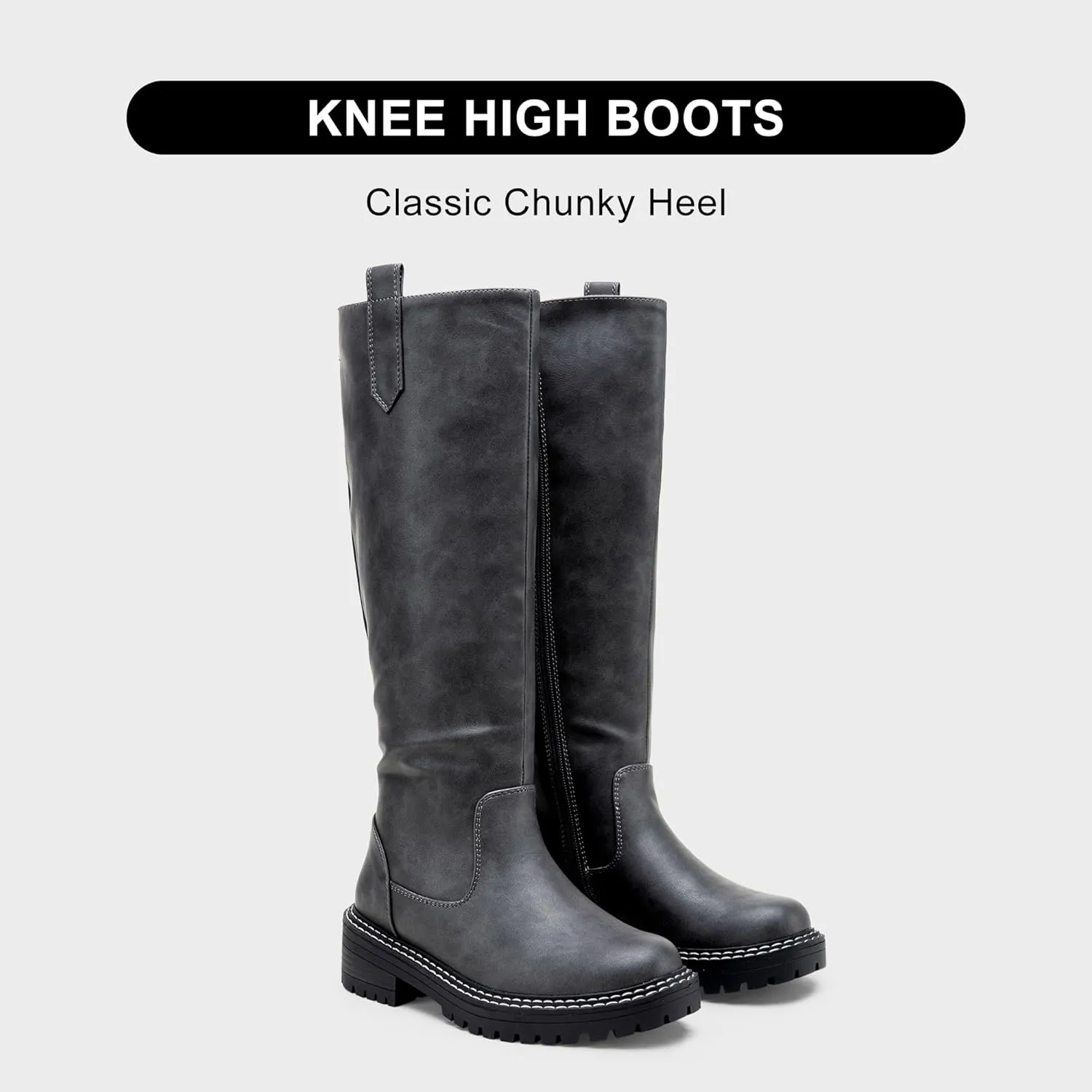 Vepose Womens 9658 Knee High Boots Low Heel, Platform Tall Boots with Side Zipper for Ladies