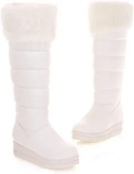Women Winter Warm Fur Lined Knee High Down Snow Boots Outdoor Waterproof Rain Pull-On Cold-Resistant Comfy Platform Walking Snow Boot