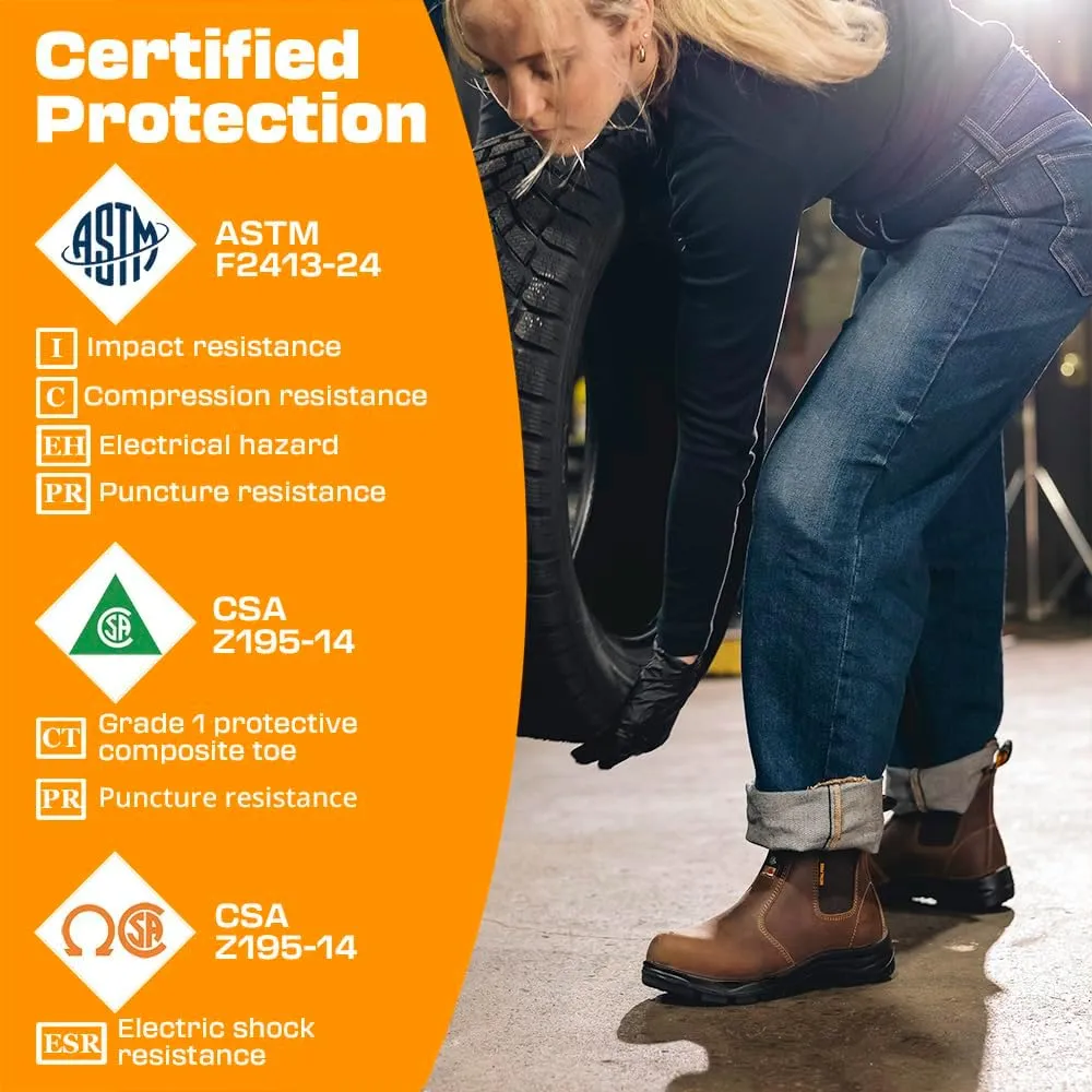 Women's ASTM & CSA Certified Composite Toe Chelsea Work Boots  100% Leather, Lightweight, I/C/EH/PR/ESR, Oil/Slip/Heat Resistant, Rubber Outsole, Safety Boots 666