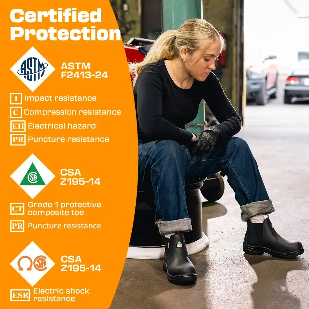 Women's ASTM & CSA Certified Composite Toe Chelsea Work Boots  100% Leather, Lightweight, I/C/EH/PR/ESR, Oil/Slip/Heat Resistant, Rubber Outsole, Safety Boots 666