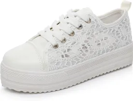 Women's Canvas Lace Mesh Sneakers Summer Lace up Breathable Low Top Shoes Round Toe Anti-Slip Platform Sneakers
